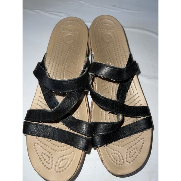 Crocs Sandals Womens size 10 Leigh Wedge Strappy Black Leather Cork open toe - Picture 2 of 9
